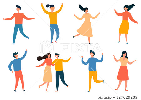 Set of happy people showing various positive emotions with gestures. Dancing persons. Colored flat vector illustration isolated on white background 127629289