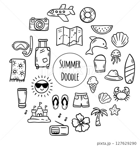 An Exciting and Vibrant Summer Travel Fun Icons Collection. Vacation doodles elements in cartoon style 127629290
