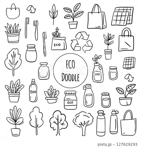 Happy Earth day concept. Save the earth, globe, recycle symbol in simple drawing doodle style. Happy Earth day concept. Save the earth, globe, recycle symbol in simple drawing doodle style. 127629293