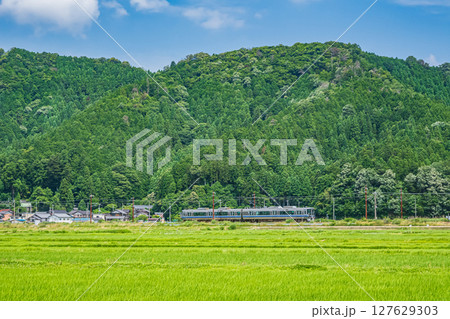 北陸本線余呉駅付近を走る新快速電車　滋賀県長浜市余呉町 127629303