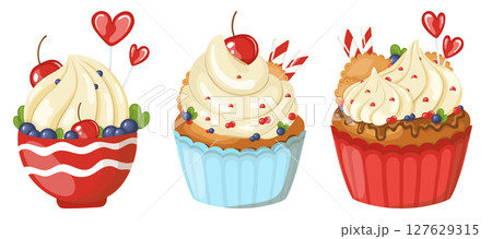 Cupcakes with whipped cream and red cherry. Portion sized, beautifully served dessert. Muffin with cream. 127629315