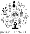 Collection of yoga, relax, meditation doodles illustrating poses and symbols for wellness enthusiasts 127629319