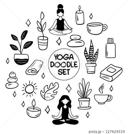 Collection of yoga, relax, meditation doodles illustrating poses and symbols for wellness enthusiasts 127629319
