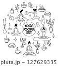 Collection of yoga, relax, meditation doodles illustrating poses and symbols for wellness enthusiasts 127629335