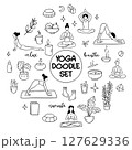 Collection of yoga, relax, meditation doodles illustrating poses and symbols for wellness enthusiasts 127629336