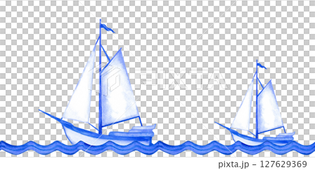 Seamless pattern featuring sailboats on the waves, done in blue and white Delftware style.Soft watercolor texture evoke classic Dutch ceramics for coasters, souvenirs, or maritime branding. 127629369