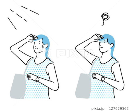 太陽の日差しを浴びる女性ー夏ー立ちくらみや汗ー人物のイラスト素材 太陽の日差しを浴びる女性ー夏ー立ちくらみや汗ー人物のイラスト素材 127629562