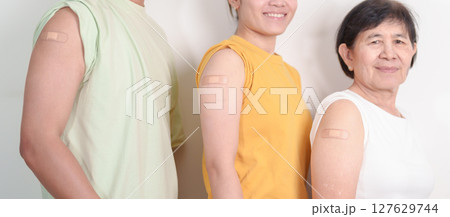 Adult and Senior group with bandage after received vaccine. Vaccination and Immunization for Influenza, HPV, Zoster, IPD, DTP, Dengue, Encephalitis, Rabies, Pneumococcal Hepatitis B and Covid vaccines Adult and Senior group with bandage after received vaccine. Vaccination and Immunization for Influenza, HPV, Zoster, IPD, DTP, Dengue, Encephalitis, Rabies, Pneumococcal Hepatitis B and Covid vaccines 127629744