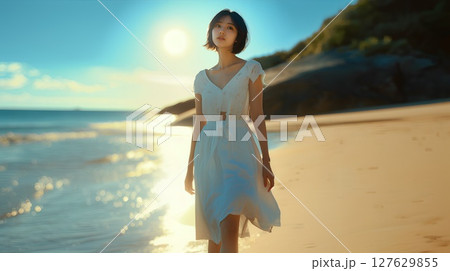 波打ち際に立つ女性 127629855