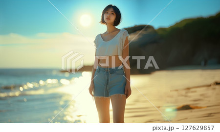 夕暮れの海岸を歩く女性 127629857