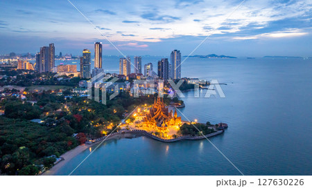 Aerial view Sanctuary of Truth wooden temple, Sanctuary of Truth wooden temple at night, Pattaya City, Chonburi, Thailand, The Sanctuary of Truth wooden temple construction, Naklua, Pattaya City. Aerial view Sanctuary of Truth wooden temple, Sanctuary of Truth wooden temple at night, Pattaya City, Chonburi, Thailand, The Sanctuary of Truth wooden temple construction, Naklua, Pattaya City. 127630226