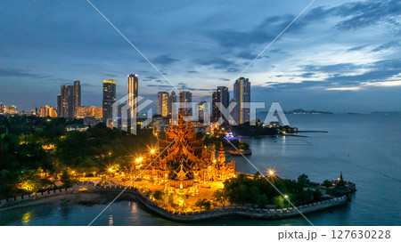 Aerial view Sanctuary of Truth wooden temple in Pattaya City, Thailand, Sanctuary of Truth wooden temple at night, Pattaya City, Chonburi, Thailand, The Sanctuary of Truth wooden temple construction, Aerial view Sanctuary of Truth wooden temple in Pattaya City, Thailand, Sanctuary of Truth wooden temple at night, Pattaya City, Chonburi, Thailand, The Sanctuary of Truth wooden temple construction, 127630228
