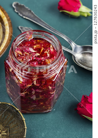 Rose jam in a jar. 127630243