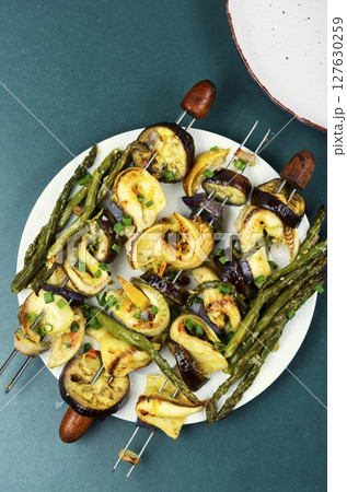 Grilled fish kebabs. Grilled fish kebabs. 127630259