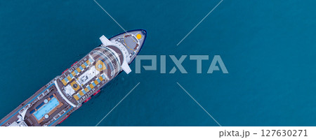 Aerial view luxury ocean cruise ship on clam blue sea, Elegant modern travel lifestyle, Luxury cruise ship liner modern maritime business ocean tourism, Global business cruise ship liner industry. 127630271