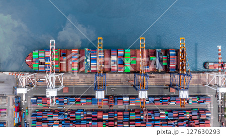 Aerial view container cargo ship freight shipping international, Global business freight shipping import export logistic transportation container ship, Container cargo ship sea freight container ship. 127630293