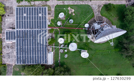 Aerial view satellite dish earth communication antenna system center station, Satellite dishes at the earth station, Dish receivers for satellite communications. 127630299