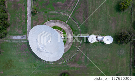 Aerial view satellite dish earth communication antenna system center station, Satellite dishes at the earth station, Dish receivers for satellite communications. 127630300