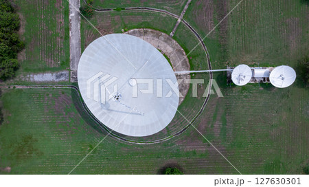 Aerial view satellite dish earth communication antenna system center station, Satellite dishes at the earth station, Dish receivers for satellite communications. 127630301