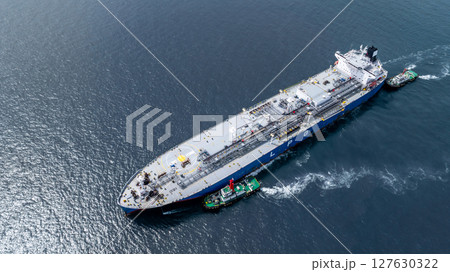 Aerial view LPG gas tanker ship on deep blue sea, Global business freight shipping import export logistic transportation oil and gas product tanker ship, Liquefied Petroleum Gas LPG tanker ship in sea 127630322