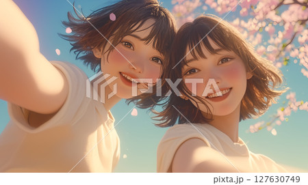 夕陽を背景に桜と自撮りした女性2人 夕陽を背景に桜と自撮りした女性2人 127630749