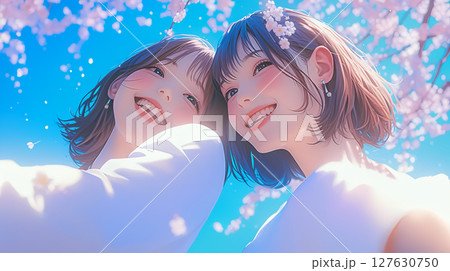 桜の下で寄り添う2人の女性 127630750