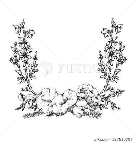 Russula webcap mushroom, snail on top, heather flowers, moss lichen growth. Forest floor habitat nature scene. Wreath frame hand drawn in vector ink. Label, tag design, menu recipe, wild food market 127630797