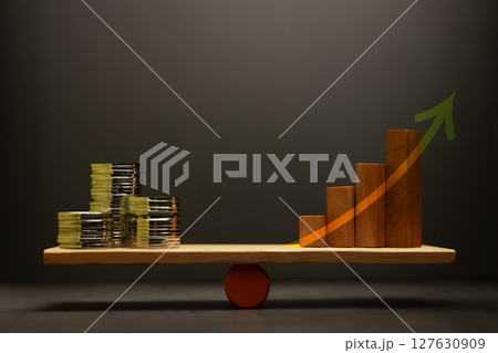 Growth Investment concept with Coin money Stack and Wooden balanced on a scale, representing financial and Profitable portfolio, and wealth accumulation through strategic 127630909
