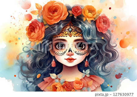 Dia de los Muertos, cute Calavera Catrina with sugar skull makeup, watercolor colorful illustration, bright background, super detailed. Day of The Dead. Halloween 127630977