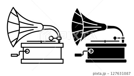Linear icon. Classic gramophone, old mechanical device for playing sound recordings. Large metal horn and base, rotating platform for vinyl. Simple black and white vector isolated on white background Linear icon. Classic gramophone, old mechanical device for playing sound recordings. Large metal horn and base, rotating platform for vinyl. Simple black and white vector isolated on white background 127631087