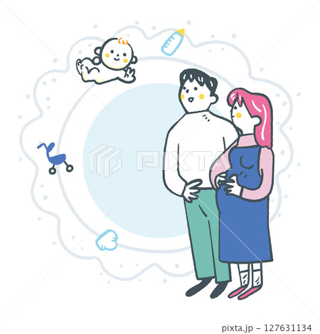 丸くつながる新しい家族を迎える若い夫婦 ストックイラスト素材 丸くつながる新しい家族を迎える若い夫婦 ストックイラスト素材 127631134