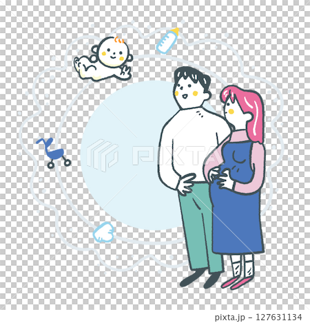 丸くつながる新しい家族を迎える若い夫婦 ストックイラスト素材 丸くつながる新しい家族を迎える若い夫婦 ストックイラスト素材 127631134