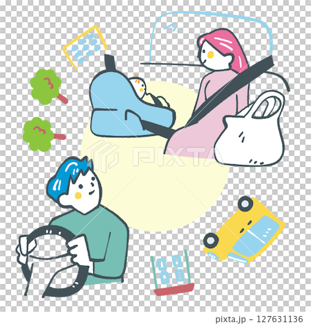 丸くつながる無事出産　病院から自宅への帰り道　ストックイラスト素材 127631136