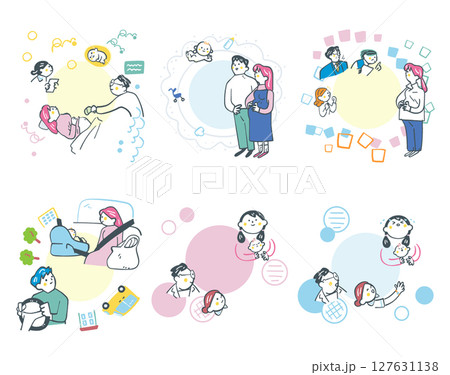 丸くつながる妊婦検診や産後鬱、社会のサポート セットのストックイラスト素材 丸くつながる妊婦検診や産後鬱、社会のサポート セットのストックイラスト素材 127631138