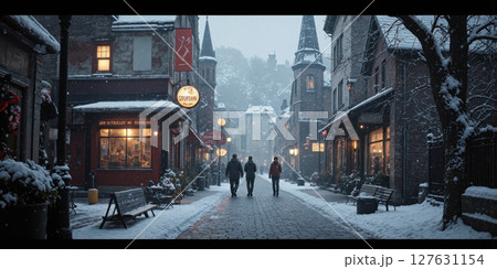 A magical winter village covered in soft snow, twinkling lanterns lighting up cobblestone streets at dusk. A magical winter village covered in soft snow, twinkling lanterns lighting up cobblestone streets at dusk. 127631154