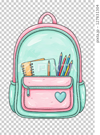 A mint green backpack with a pink heart patch, pastel color palette, watercolor texture, cute school supply illustration 127631304