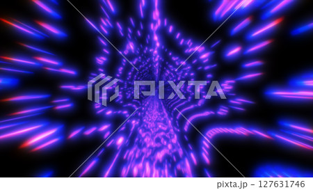 Abstract tunnel of glowing violet and blue light beams converging into a vanishing point 127631746