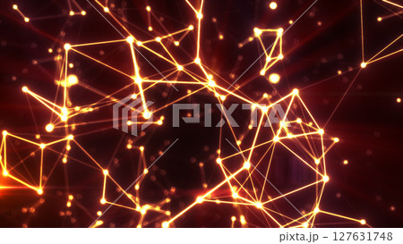 Bright orange digital network with glowing connections radiating across a dark red backdrop, symbolizing energy and connectivity 127631748
