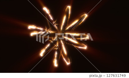 Radiant golden energy loops intertwine in a mesmerizing abstract formation on a dark background 127631749