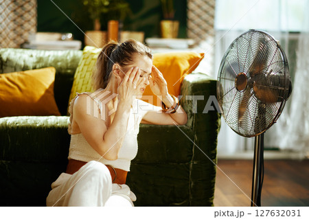 Woman with Heat-Induced Headache at Home Woman with Heat-Induced Headache at Home 127632031