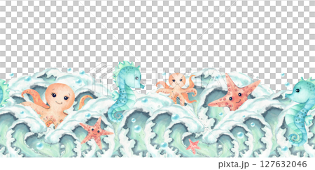 Octopus Starfish Seahorse characters on wave crests seamless border horizontal. Watercolor characters children's illustration. Creatures sea, marine underwater, cartoon style, kids interior sticker 127632046