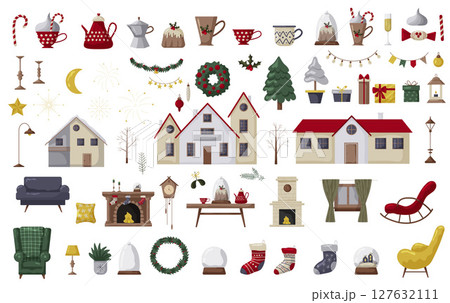 Holiday decorations and cozy elements for a festive winter setting Holiday decorations and cozy elements for a festive winter setting 127632111