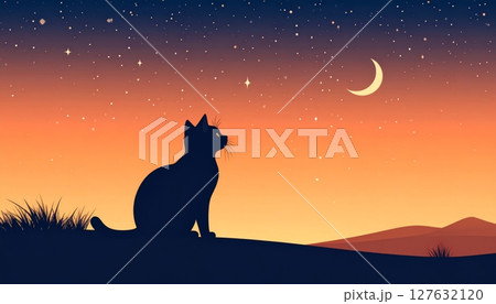 Two wild animal silhouettes, a wolf howling at the moon and a cat on the moon, are perfect for a striking night or sunset illustration Two wild animal silhouettes, a wolf howling at the moon and a cat on the moon, are perfect for a striking night or sunset illustration 127632120