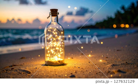 Transparent glass water bottle on a white isolated beach, a cold, healthy beverage container 127632129