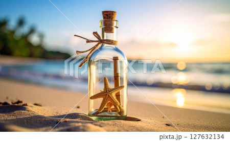 White wine bottle and glass on beach with nobody White wine bottle and glass on beach with nobody 127632134