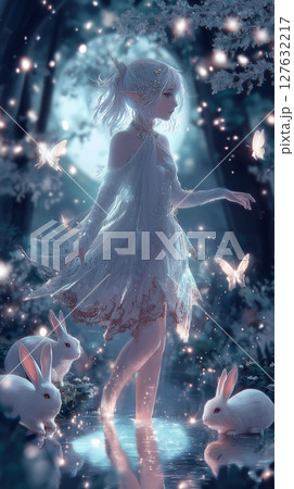 幻想的な妖精の少女とうさぎたち　夜の森のファンタジーイラスト素材 127632217