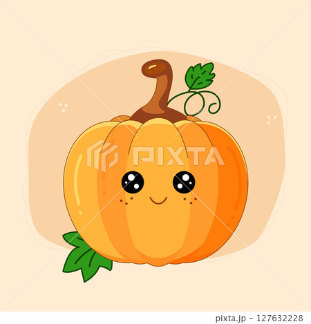 Kawaii pumpkin. Cute happy pumpkin cartoon character. Halloween, harvest concept. For poster, card, print, social media, post. Vector illustration 127632228