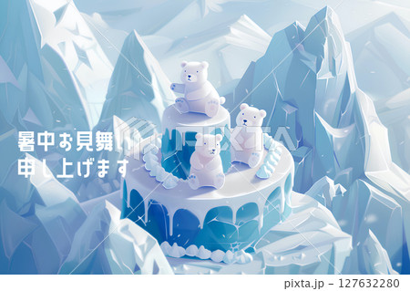 氷山のケーキとシロクマくん-3（文字入り）暑中お見舞い 127632280