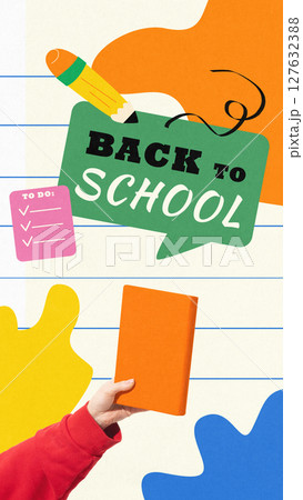Hand raising a bright book on playful back to school themed background. Educational posters Hand raising a bright book on playful back to school themed background. Educational posters 127632388