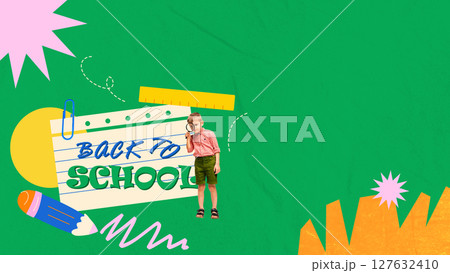 Bold visual mashup. Curious boy with magnifying glass on back to school graphic Bold visual mashup. Curious boy with magnifying glass on back to school graphic 127632410